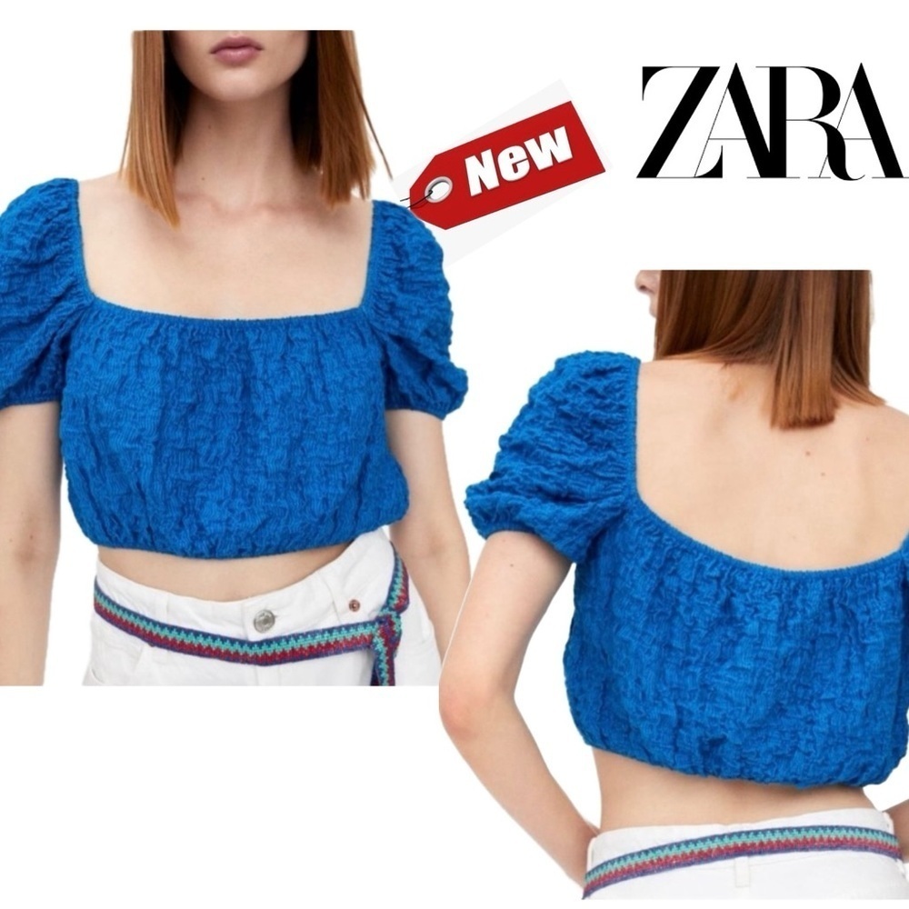 ZARA blue puff sleeve textured stretchy crop top BoHo bohemian NWT